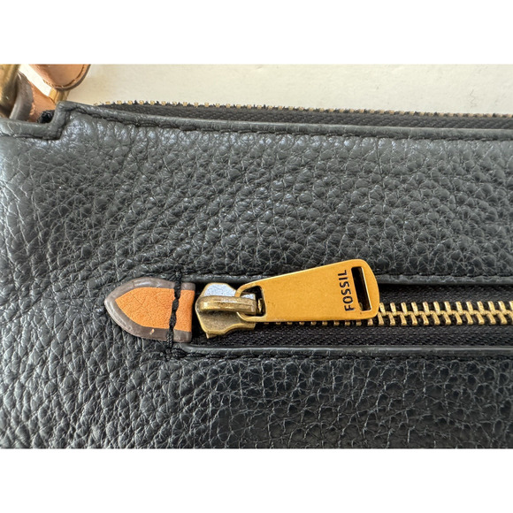 Fossil Crossbody Bag Messenger Black Tan Leather Top Zip Pockets Adjustable - Picture 11 of 16